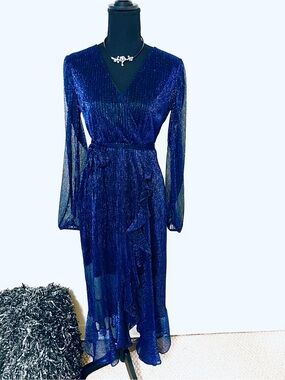 Adrienne Vittadini Metallic Navy Blue Wrap Midi Dress